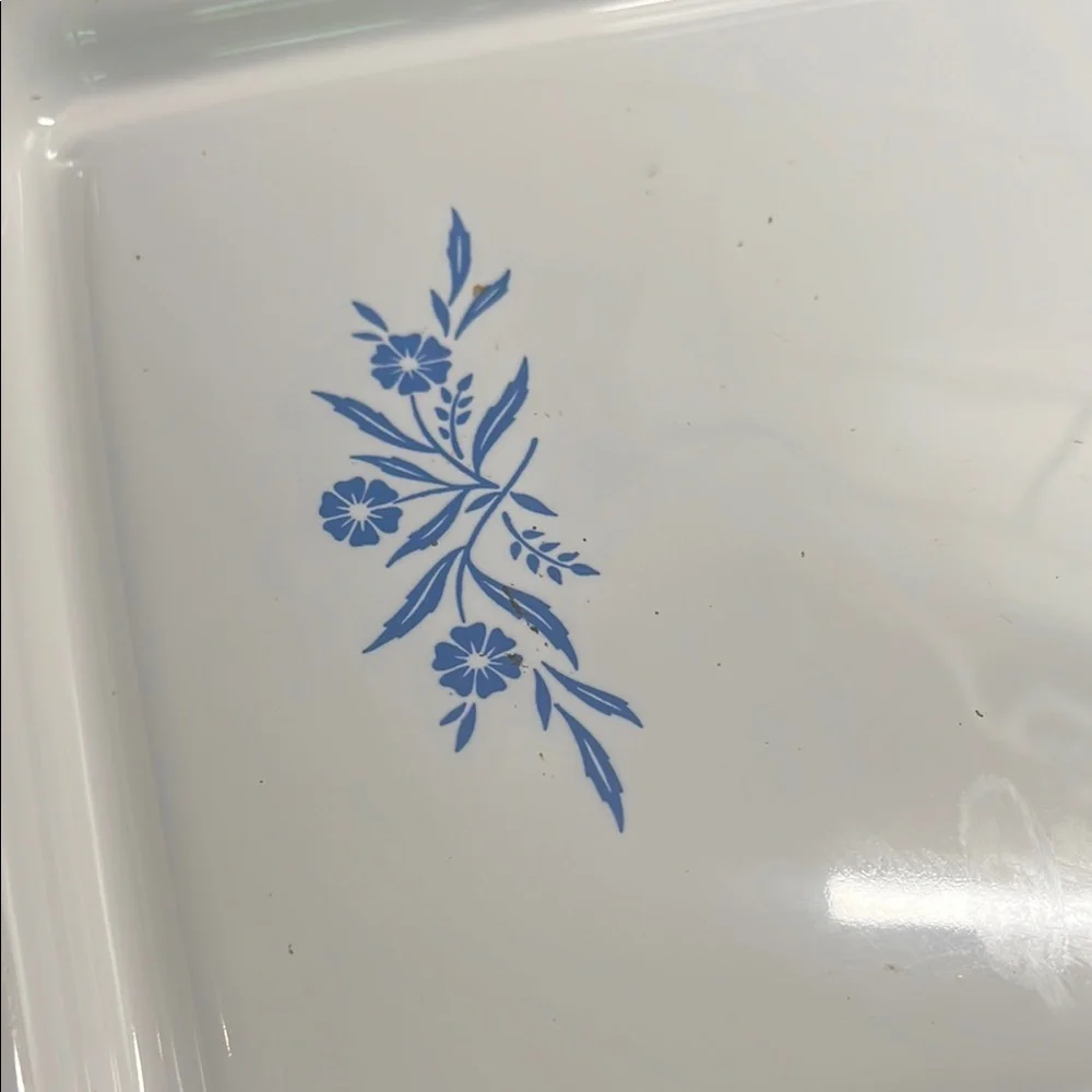 Corning Ware White Rectangular Warming Tray with Cornflower Blue Design.